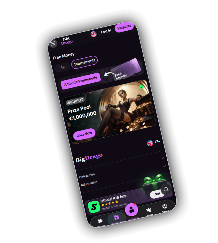 Seite Free Money von BigDrago auf einem schräg gehaltenen Smartphone mit den Filtern All und Tournaments, dem Knopf Activate Promocode neben einem violetten Free Money Ticket, der Jackpot Karte mit Prize Pool 1.000.000 Euro und Join Now, darunter Categories, Information und ein Banner Official iOS App mit Knopf Get