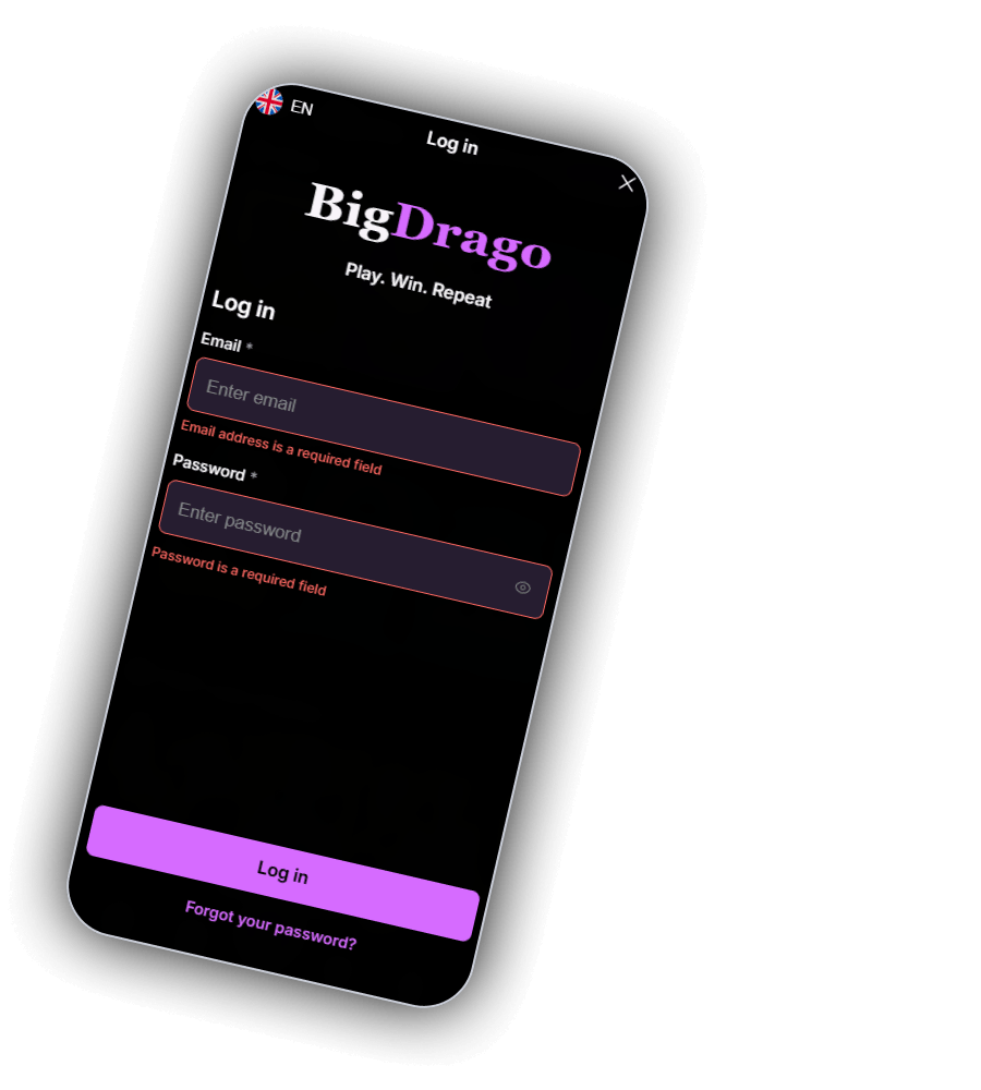 Fenster Log in von BigDrago auf einem Smartphone mit EN Flagge, Logo und dem Spruch Play. Win. Repeat., den Feldern Email und Password mit roten Hinweisen Email address is a required field und Password is a required field, einem violetten Knopf Log in und dem Link Forgot your password?