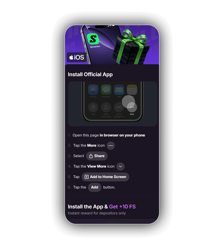 Seite Install Official App von BigDrago auf einem Smartphone: oben ein violettes Banner mit iPhone, grünem App Symbol, einem Geschenk mit grüner Schleife und dem Etikett iOS, darunter ein Bild des Teilen Menüs, sechs nummerierte Schritte von Open this page bis Tap the Add button und unten die Zeile Install the App und Get +10 FS mit dem Hinweis Instant reward for depositors only