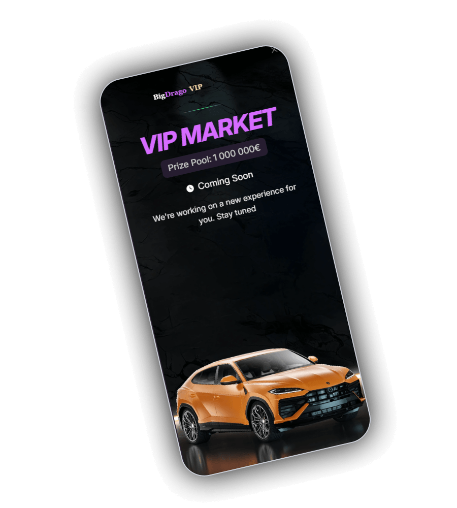 VIP Market Seite von BigDrago mit dem Kopf BigDrago VIP, dem Titel VIP MARKET in Violett, einem Feld Prize Pool 1 000 000 Euro und unten einem orangefarbenen SUV auf dunklem Grund