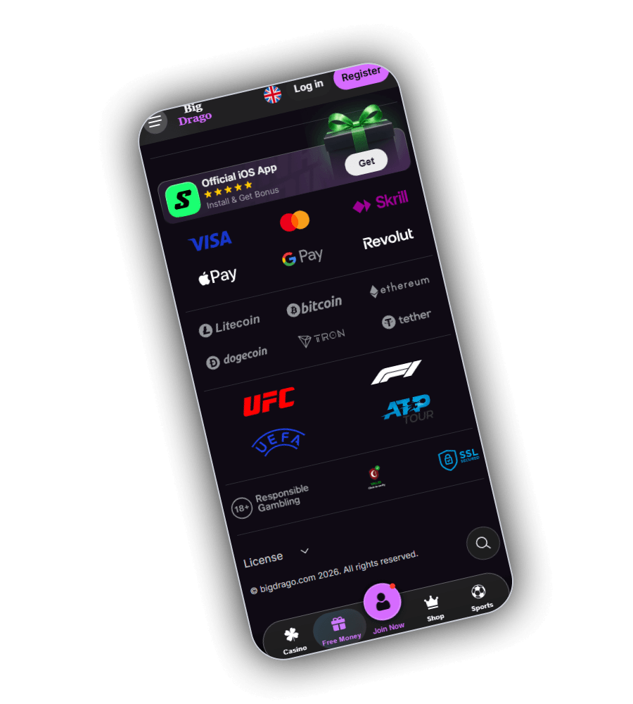 Fusszeile von BigDrago auf einem schräg gehaltenen Smartphone mit dem Banner Official iOS App, den Logos Skrill, Mastercard, Visa, Revolut, Google Pay, Apple Pay, Litecoin, Bitcoin, Ethereum, Tron, Tether und Dogecoin, den Marken UFC, F1, UEFA und ATP Tour, einem Siegel 18+ Responsible Gambling, einem Logo SSL Secured, dem Menü License und der Copyright Zeile von bigdrago.com